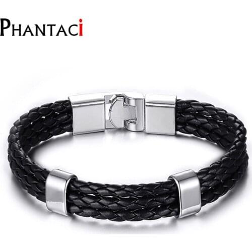 High Quality Man Black Leather Bracelet Metal Wrap Bracelet Men Charm Wrist Jewelry