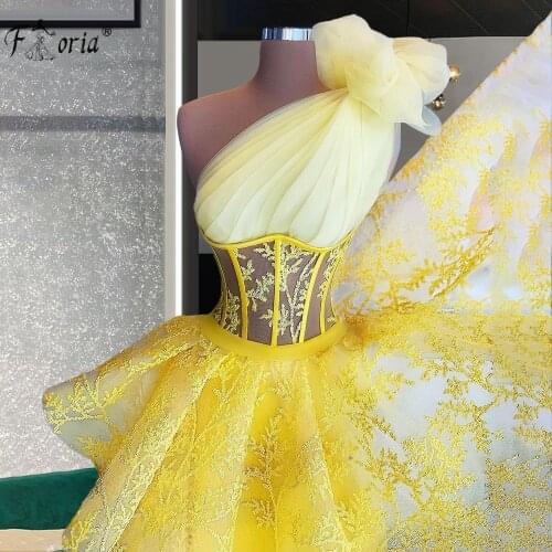 Yellow One Shoulder Evening Dresses See Through Saudi Arabic Sequin Lace Prom Dress Celebrity Party Gown Robe De Soiree