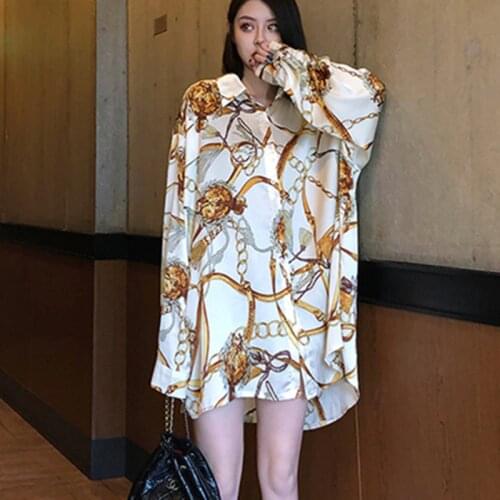 Satin Chain Printed Plus size Long Blouses 2020 Autumn women chiffon Blouse Long sleeve Loose Tops Shirts Blusas Mujer Black Top