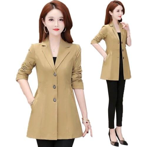 Lining Small Suit Coat 2021 Women Blazer Femme Jackets Spring Autumn Khaki Navy Blue Coat Ladies Mid-length Coat Female Tops 5XL
