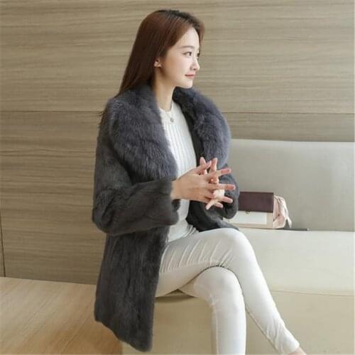 Woman Winter Plus Size Solid Fox Fur Collar Black Full Slim Pelt Rabbit Overcoat Lady Cardigan Warm Medium Coat