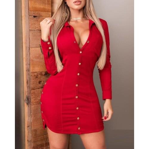 2020 Autumn Women Fashion Elegant Casual Mini Solid Long Sleeve Dress Button Front Sides Slit Shirt BodyconDress