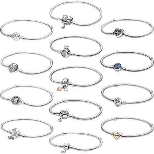 925 Sterling Real Silver Bracelets For Women Snake Chain Family Tree Heart Butterfly Daisy Flower Crown Zircon Enamel Jewelry