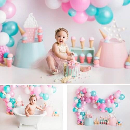 Ice Cream Sweet Children Birthday Portrait Backdrop Photo Studio Colorful Balloons Newborn Baby Birthday Cake Smash Background