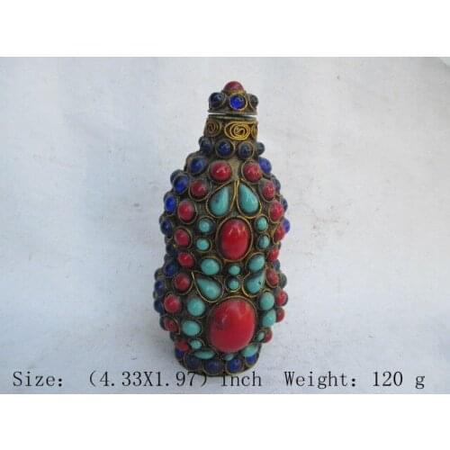 Chinese ancient Tibet copper multicolor. Turquoise snuff bottle