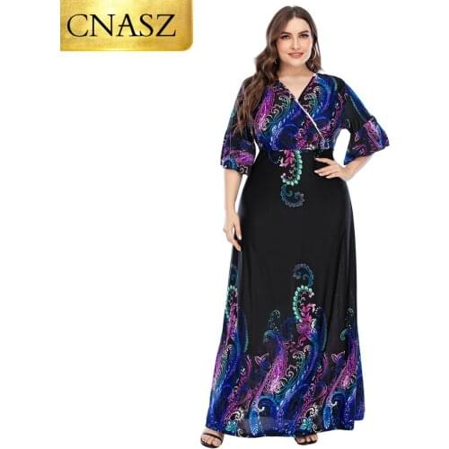 2020 Summer New Plus Size Fashion Printed Dress Bohemian V-Neck Long Skirt For Women Floral Elegant Dress