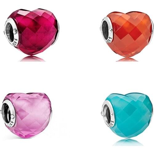2020 New High-quality Sterling Silver 925 Teal Faceted Heart Pink Shape Of Love Charm diy Original Woman Jewelry Gift
