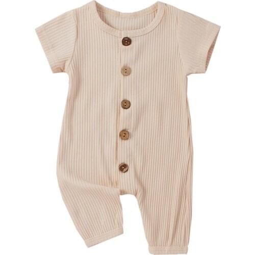 Baby Boys Girls Solid Color Short Sleeve Buttoned Up Romper Newborn Baby Summer Jumpsuits Infant Cotton Toddler Baby Clothes