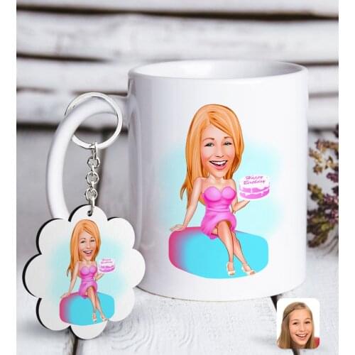 Personalized Women 'S Birthday Caricature Of White mug And Keychain Gift Seti-2