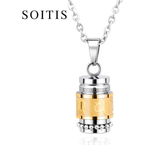 SOITIS Gold Silver Color Om Mani Pademe Hum Buddhism Spinner Pendant Necklace for Men Women Stainless Steel Jewelry Gift