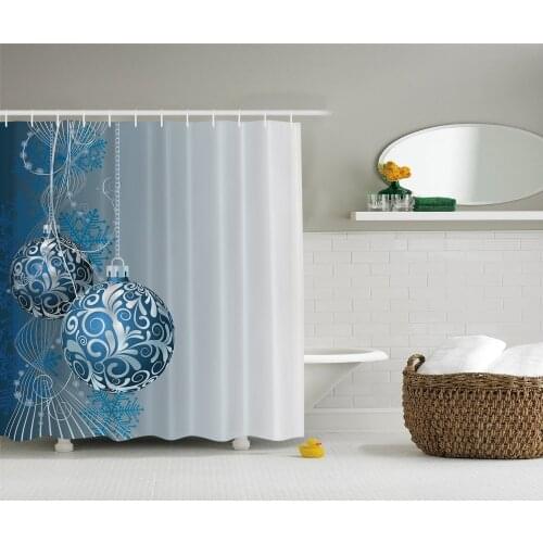 Christmas Shower Curtain Holiday Ornaments Fabric Digital Bathroom 6970 Blue Silver Gray Bath Curtain With Hooks For Bathroom