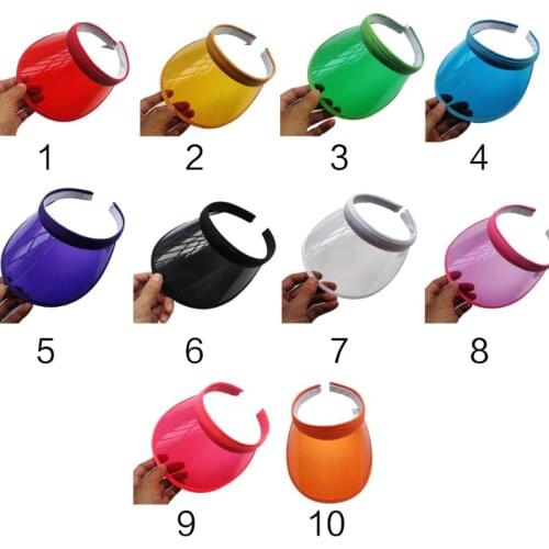 Womens Unisex Summer Sweet Candy Color UV Protection Open Top Sun Visor Hat Transparent PVC Plastic Wide Brim Clip-On Sport Cap