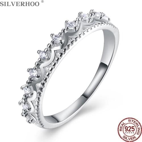 SILVERHOO 925 Sterling Silver Rings Crown Design Cute Style Zircon Ring For Women Hot Sale Fine Jewelry 3 Colors Wedding Gift