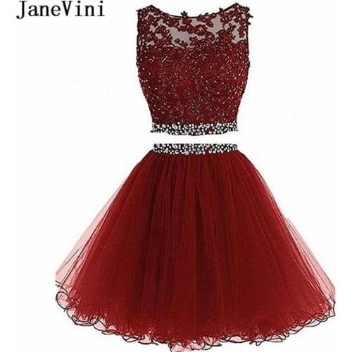 JaneVini Sexy Beaded Homecoming Dresses Two Piece Short Lace Burgundy Formal Party Dress A Line Tulle Gowns vestido corto encaje
