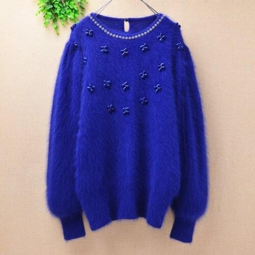 Vintage angora wool knitted beading embroidery o-neck loose long sleeves mink cashmere pullover sweater blouses women fur coat