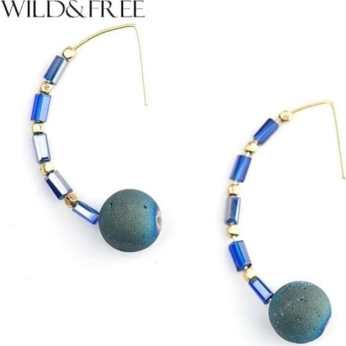 WILD & FREE Women Round Blue Natural Stone Drop Earrings Vintage Gold Hook Blue Tube Handmade Dangle Earring Jewelry Women Gift