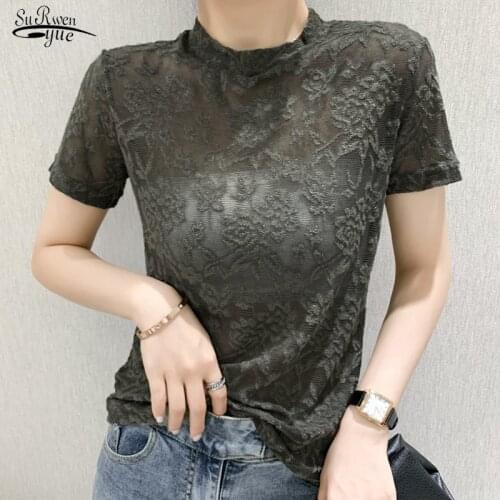 2021 Korean Fashion Clothing Hollow Out Shirt Female Slim Short Sleeve Lace Blouse Vintage Summer Tops Street wear Blusas 9890