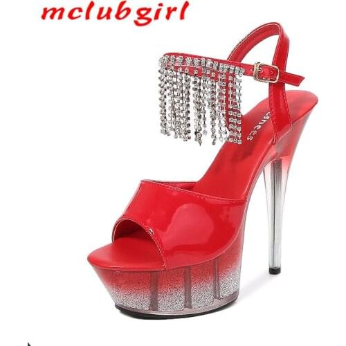 Mclubgirl Womens Sandals Summer New Patent Leather High Heels 14.5CM Platform Square Heel Fashion Fringe Ladies Party Shoes LFD