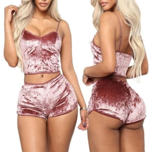 Women 2 Piece Set Velvet Sleepwear Sexy Spaghetti Strap Shorts Pajamas Suit Ladies Casual Party Set Pullover Elastic Waist Full