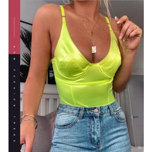 Sling Deep V Neck Sexy Hot Bodysuit for Women Neon Color Overalls Strap Backless One Piece Bodysuits Summer 2020 Fashion New