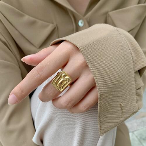 925 Sterling Silver High Polish Geometric Rectangular Gold Color Open Ring for Women Vintage Jewelry Gifts Wholesale S-R814