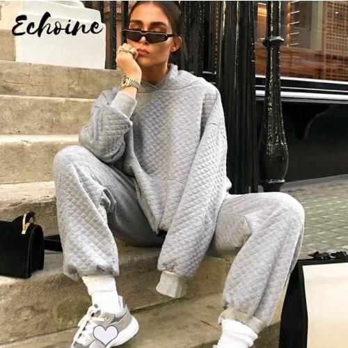 2020 Gray Pink Hooded Oversized Sweatshirt Sweatpants 2 Piece Set Autumn Winter Women Fashion Streetwear Outfit Casual Tracksuit