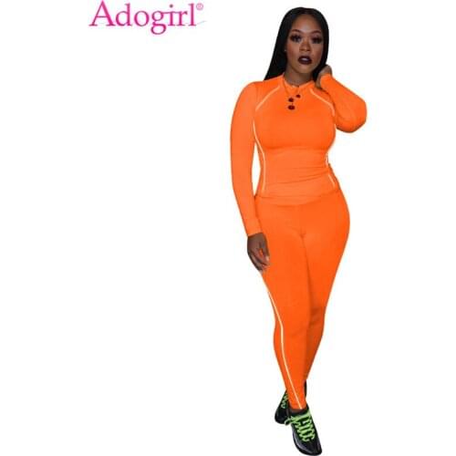 Adogirl Fluorescent Trim Solid Athleisure Two Piece Set Women Tracksuit Long Sleeve T Shirt Top Pencil Pants Female Sportswear