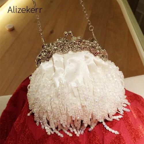 Retro Satin Beaded Tassel Evening Bag Women New Luxury Handmade Small Clip Purse Female Wedding Bridal Handbags High Quality