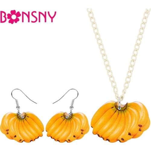 Bonsny Acrylic Jewelry Set Fashion Yellow Banana Necklace Earrings Collar Novelty Pendant For Women Girls Party Gift NE+EA