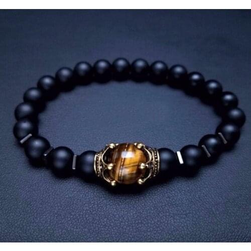 European and American new natural stone volcanic stone charm mens bracelet alloy crown tiger eye stone bead bracelet for man