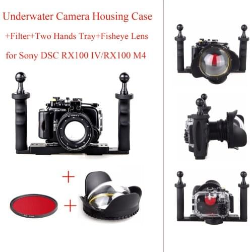 40M/130ft Underwater Camera Housing Case for Sony RX100 IV/RX100 M4,Waterproof Bags Case +Red Filter+Fisheye Lens+Two Hands Tray