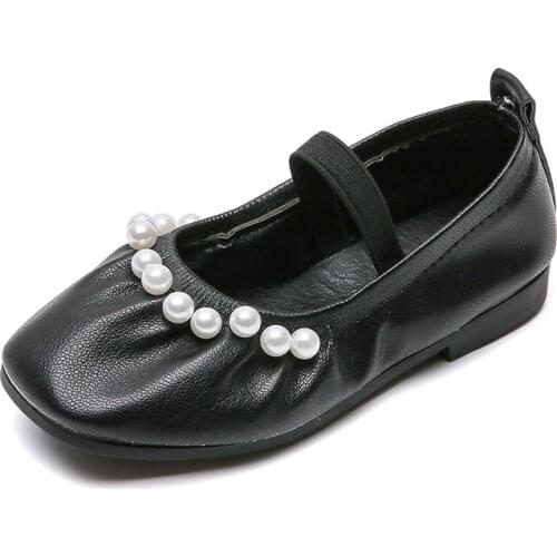 Toddler Girls Soft Face Black Princess Leather Shoes Children Beaded Pleats Flats Kids Beige Dance Party Wedding Dress Shoes