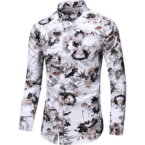 Men Flower Printed Long Sleeve Casual Hawaiian Beach Shirt Holiday Party Male Slim Dress Shirts Chemise Homme Plus Size 7XL