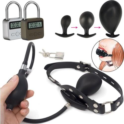 Time Lock Liquid Silicone Inflatable Ball Gag Open Mouth Plug Dildo Pump BDSM Torture Bondage PU Strap Oral Fixation Sex Toys