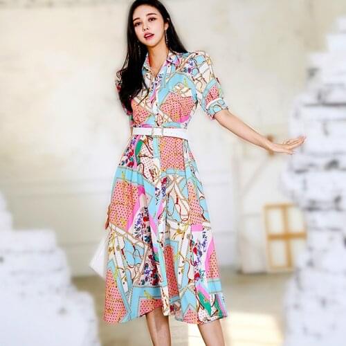 Korea Fashion Womens Dress Chic Chiffon Printed Short Sleeve Shirts Dress Women Elegant Dresses For Women Female Clothing SL116