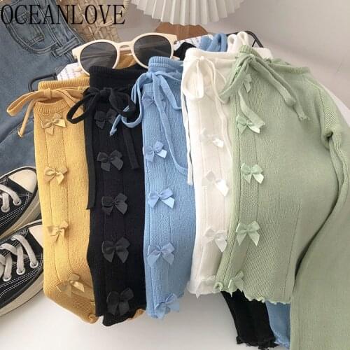 OCEANLOVE Short Women Sweaters Solid Bows Sweet 2021 Autumn Slash Neck Pull Femme Lace Up Slim Sexy Korean Sueter De Mujer