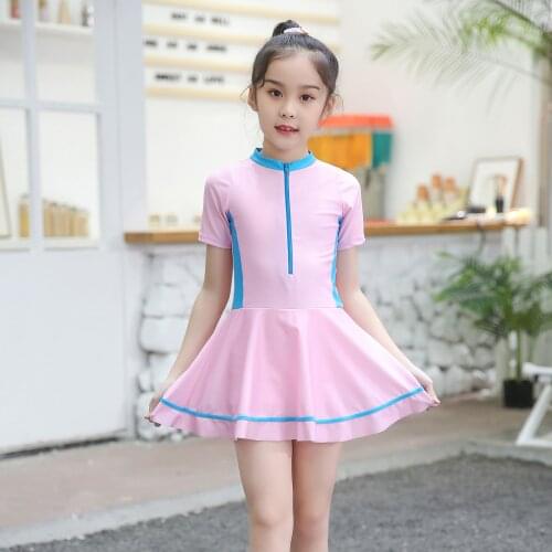 Toddler Kids Baby Girl Swimwear Summer Zipper Short Sleeve Swimming Dress One Piece Swimsuit Children Bathing Suit Beachwear