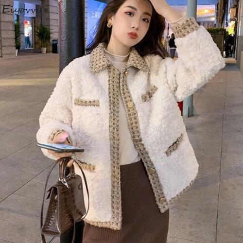 Spring Autumn Faux Lamb Wool Coat Womens New Splicing Top Qualited Jacket Plush Fur Patchwork Elegant Chic Streetwear Jackets