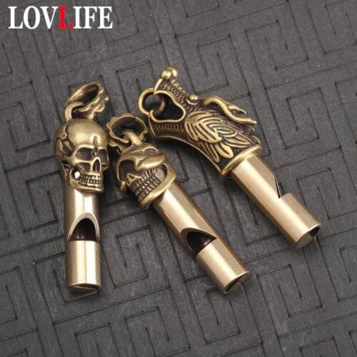 Copper Dragon/Skull Head Keychain Pendants Outdoor Referee Whistle Vintage Key Chains for Wild Survival Whistles Keyring Jewelry