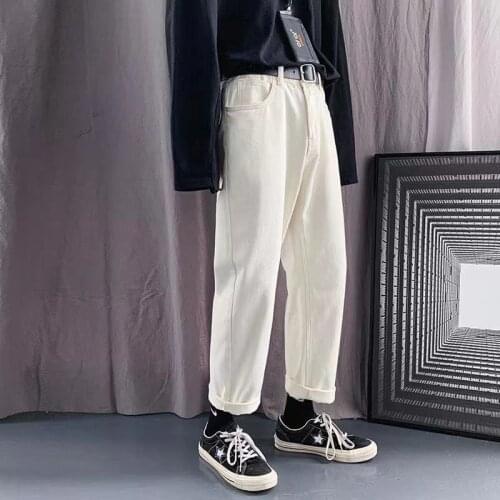 2021 Mens Fashion trend Loose White Jeans Simple Casual Pants Solid Color Retro Style Straight Pants Denim Trousers Size S-3XL