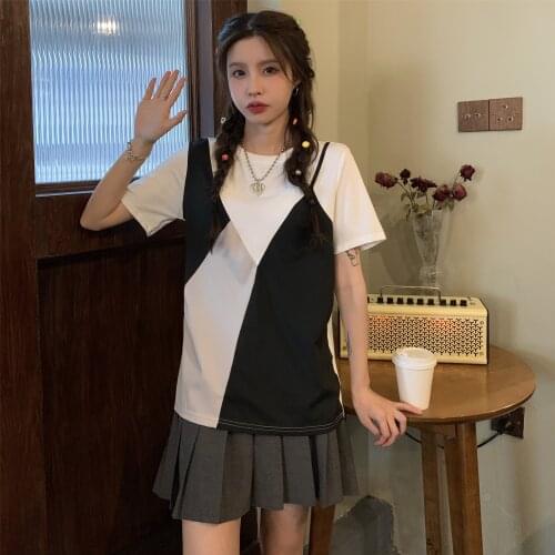 New design sense niche fake two-piece contrast color top Korean style chic short-sleeved T-shirt summer