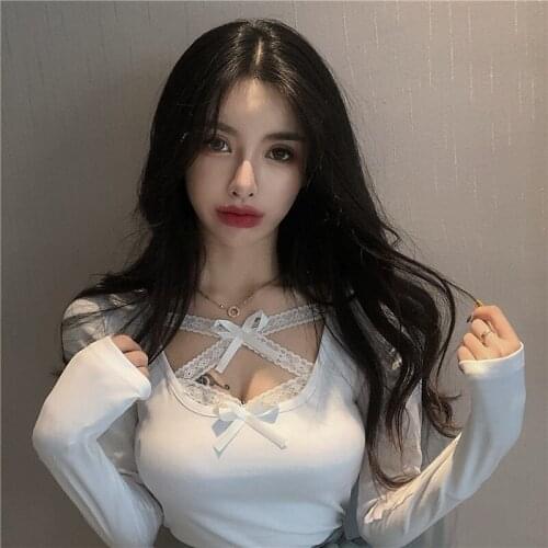 WOMENGAGA New Spring Cross Webbing Bow Long Sleeve Slim Bottoming Tops Womens Sexy All-match Lace T-shirt 4QHJ