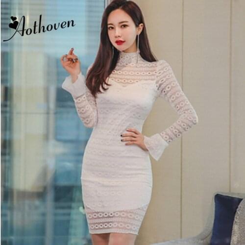 Autumn Lace Dresses White Stand Collar Long Sleeve Bandage Bodycon Women Dress 2018 Vintage Sexy Party Club Mini Dress Vestidos