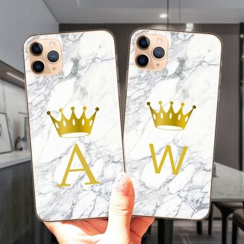 White Marble Gold Crown Letter A To Z Alphabet Soft Silicone Cover For iPhone 12 Mini 11 Pro XS Max X XR Transparent Phone Case