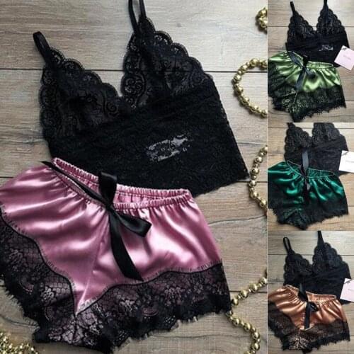 Sexy Pajama For Women Sleepwear Women Pyjama Set White Lace V-Neck Sleeveless Cami Top And Shorts Fashion Lace Patchwork