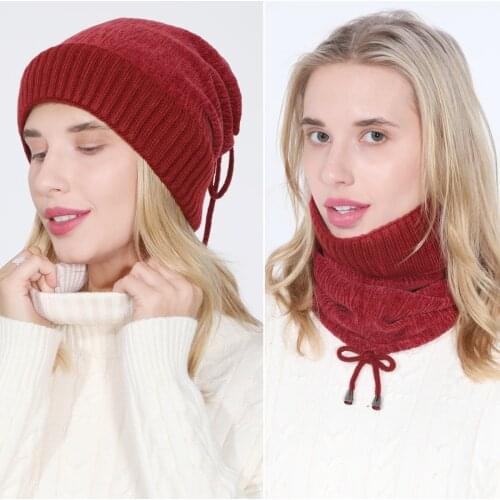 Dual-use Hat And Scarf Unisex Wool With Rope Knitted Beanies Winter Velvet Warm Women Hat Autumn And Winter Windproof Head Cap