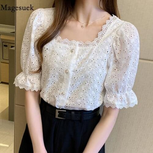 Summer Hollow Out Blouse 2021 Korean Style Vintage Elegant Wild Lace Shirt Women Square Collar Short Sleeve Tops Blusas 13934