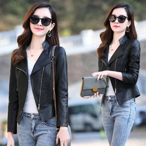 Korean 2020 Faux Women Leather Red Short Motorcycle Jacket Slim Spring Autumn Abrigo Mujer CC1900 Pph562