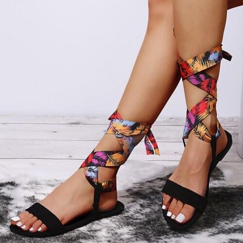 Women Summer Hawaiian Style Flat Beach Vacation Colorful Print Ankle Tie Sandal