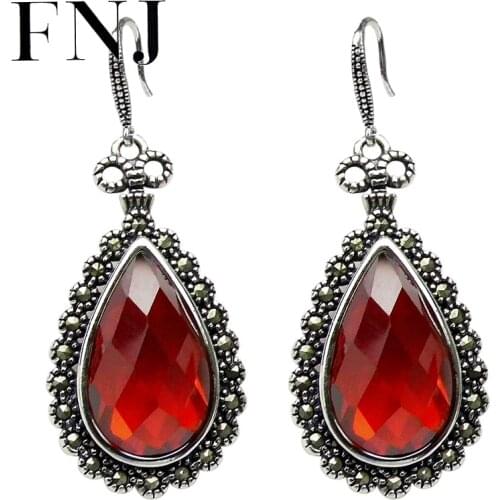 FNJ MARCASITE Earrings 925 Silver Original Pure S925 Sterling Silver Drop Earring for Women Jewelry Red Cubic Zircon
